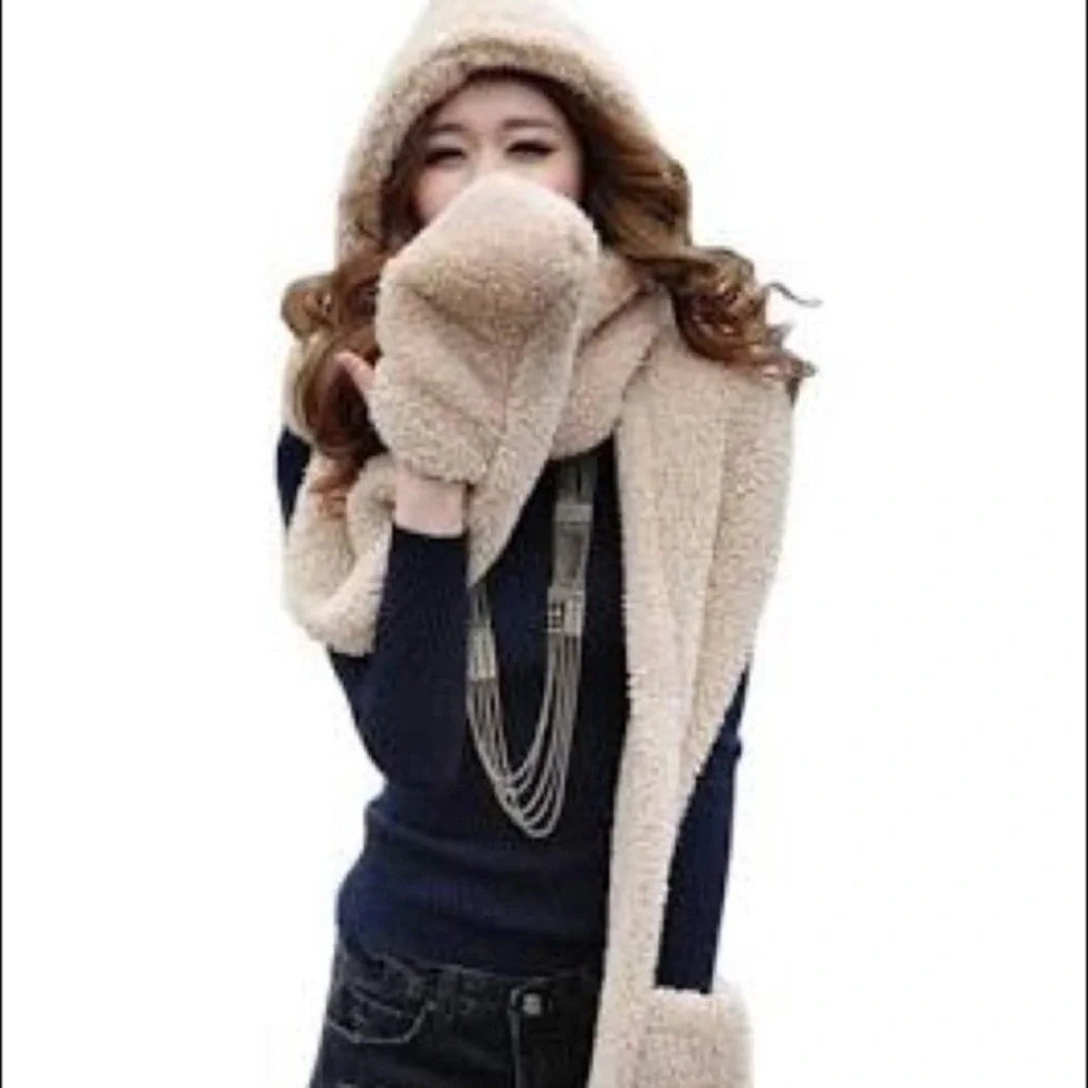 Luxury Hat Scarf Gloves in 1 Set Burgundy Winter White Beige Ivory Womens